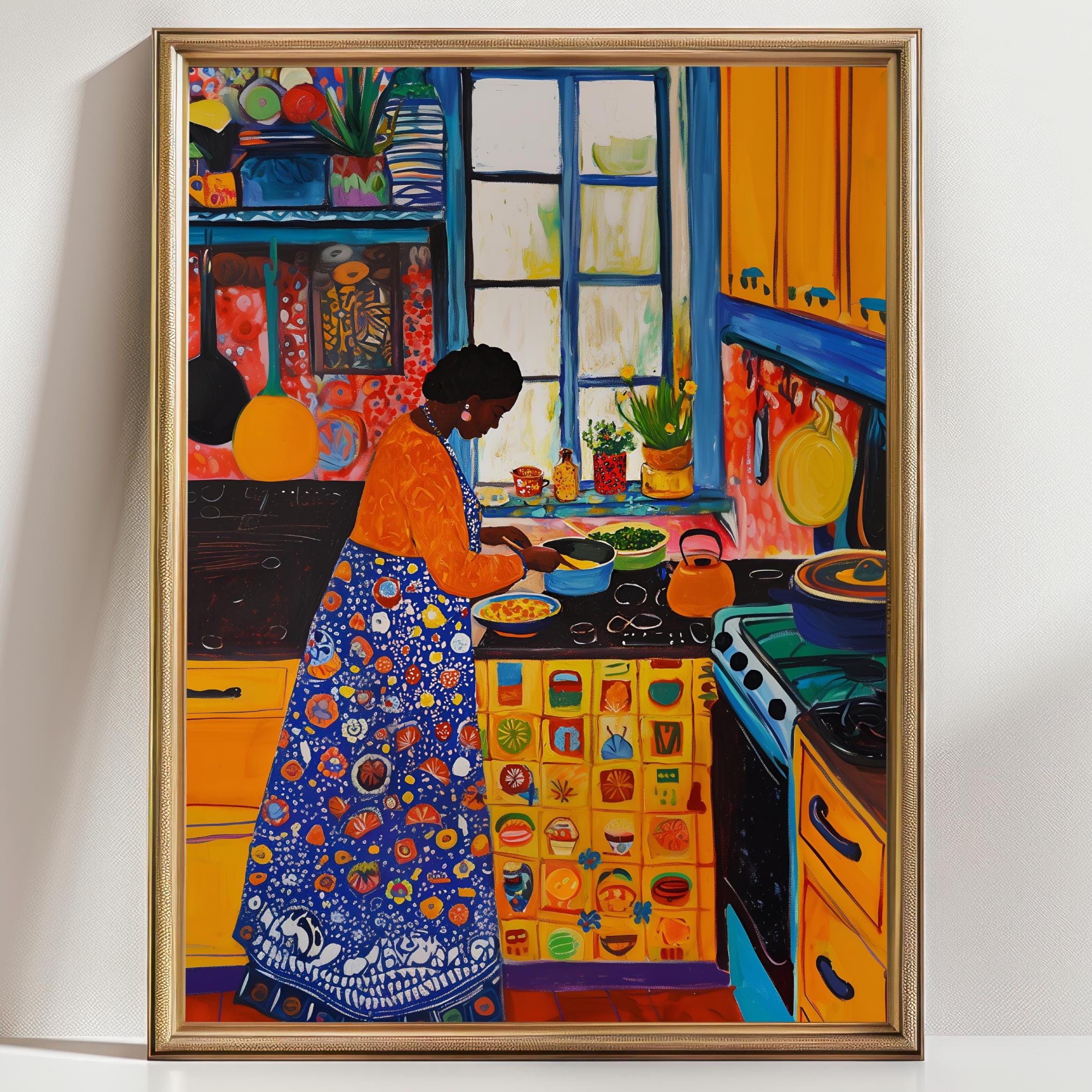 Black Woman Cooking Wall Art, Colorful Kitchen Scene Print