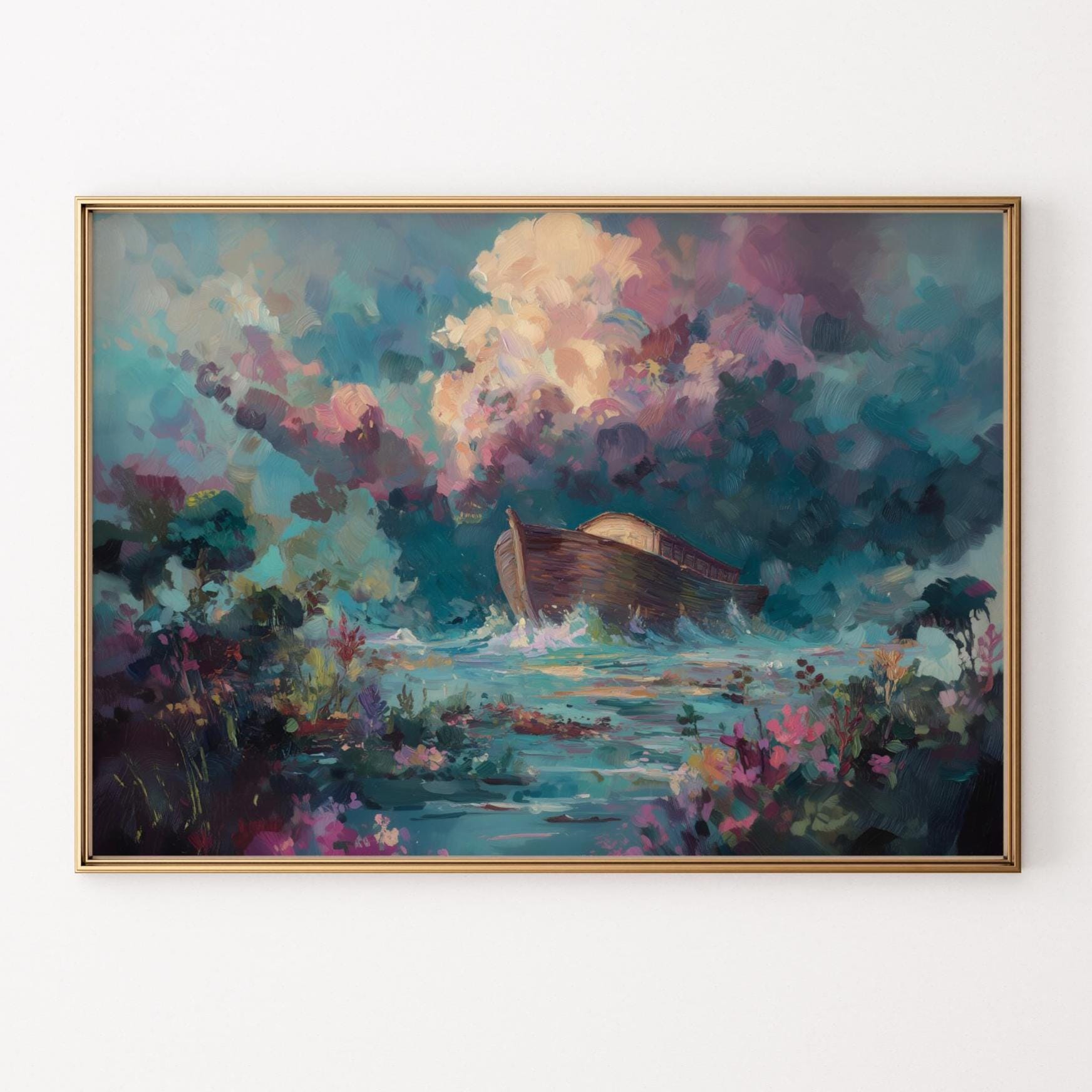 Debbie Kingston Baker Noah's Ark 水彩　絵画 Noah's Ark Christian Wall Art – Colorful Faith-based Storm Scene