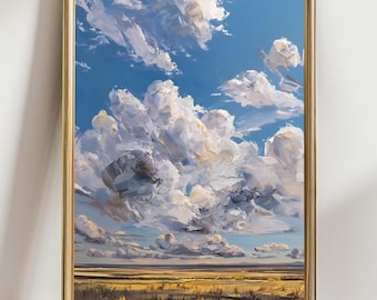May include: Oil painting of a landscape with a bright blue sky filled with fluffy white clouds. The artwork features a golden-yellow field in the foreground, framed in a gold-colored wooden frame.
