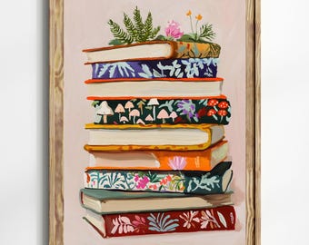 Floral Stack of Books Wall Art, Botanical Book Lover Print, Cottagecore Reading Decor, Whimsical Library Art, Colorful Book Stack Poster