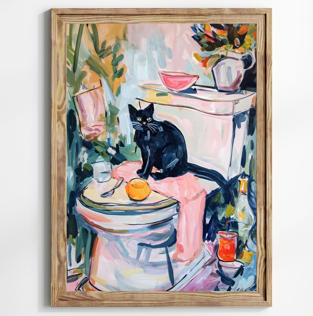 Black Cat on Toilet Art Print Monet Colorful Funny Gift Poster Wall Art ...