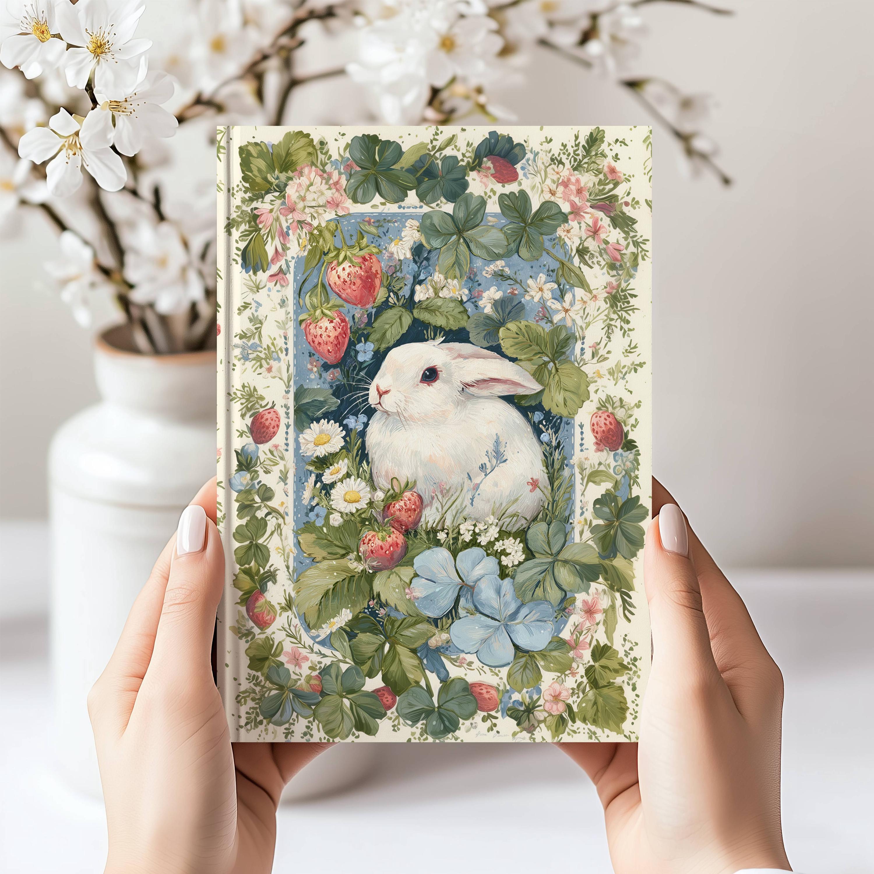 Coquette Farmcore Bunny Rabbit Hardcover Journal Strawberries Notebook Floral Journal, Cute Kawaii Notepad, Writing Diary, gift