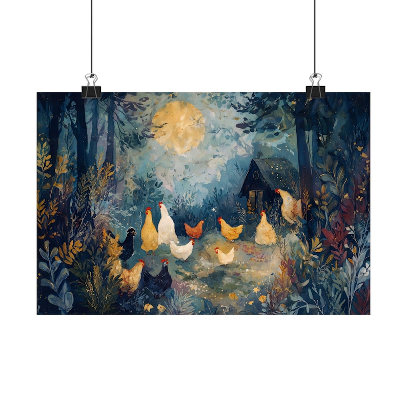 Chickens in Moonlit Forest – Whimsical Night Farm Scene Art Print, country life artwork, rural chicken decor, chickencoop owner image 6