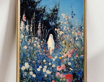 Ghost in wildflower field painting spooky cute cottagecore ghostcore art Halloween pastel gothic wall print