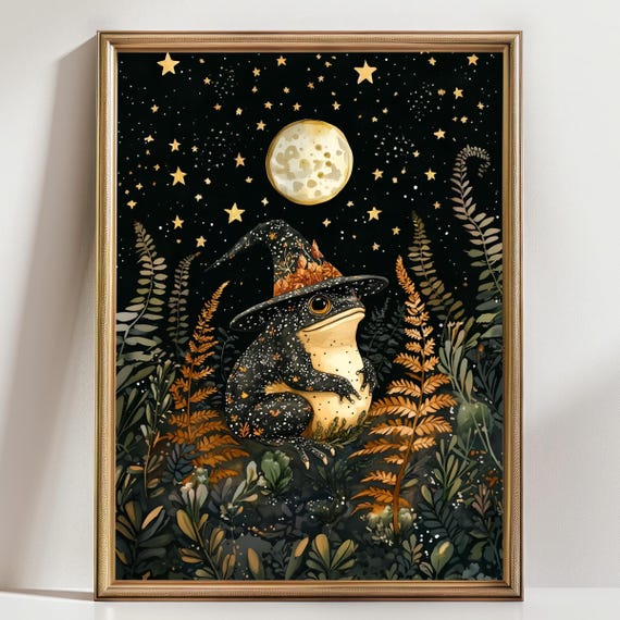 Magical Witch Frog Art Print, Moonlit Forest Nursery Wall Decor, Whimsigoth Botanical Illustration, Woodland Animal Poster