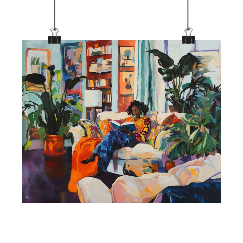 Impresión artística de una chica negra leyendo, decoración acogedora para el hogar, regalo perfecto para amantes de los libros, arte mural artístico, estilo Henri Matisse. imagen 5