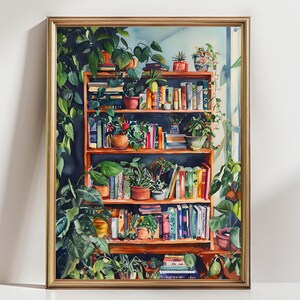 May include: Watercolor painting of a wooden bookshelf filled with books and potted plants. The artwork features a gold frame and a cozy, indoor scene with lush greenery and a window in the background.