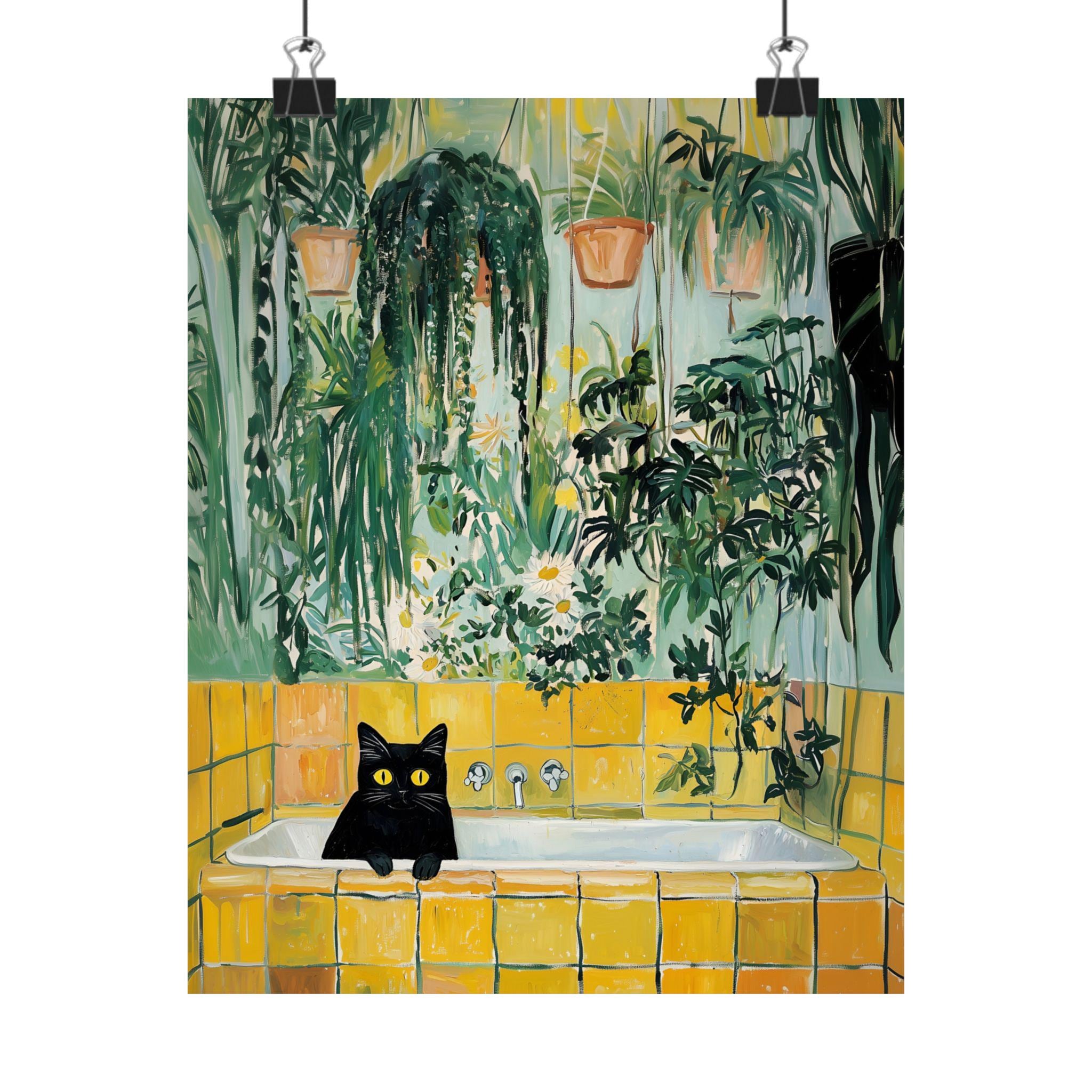 Black Cat Bathroom Art Print Retro Yellow Tile Jungle Decor Botanical ...