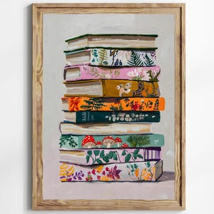 May include: A stack of colorful books with floral and nature-themed covers. The books are arranged in a vertical stack, with the top book being a dark green color. The books are all different sizes and shapes, and they have a variety of different designs. The books are set against a light gray background.
