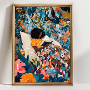 Black Woman Reading in Floral Bed, Henri Matisse style African American Art, Vibrant Home Decor black art Black Girl Art Print boho wall art