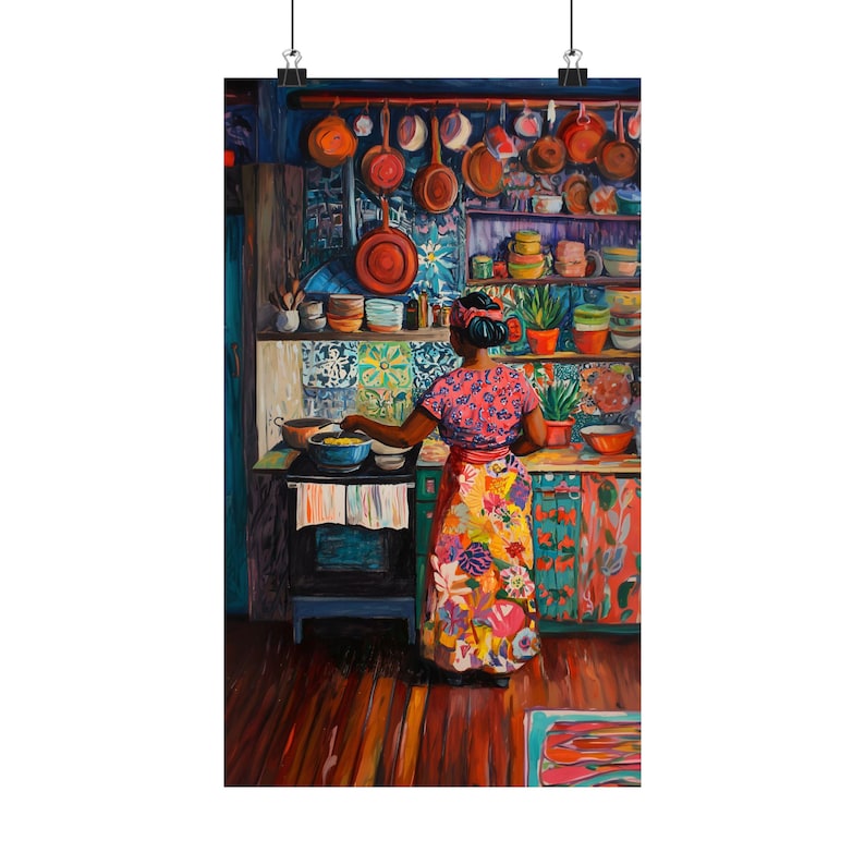boho farmhouse kitchen decor paintings prints |... Colorful Kitchen Wall Art Print Afro Woman Cooking Illustration Boho ...