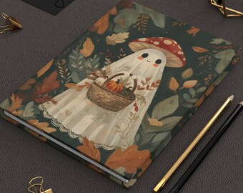 Cute Ghost Journal – Autumn Mushroom Ghost Notebook, Cottagecore Halloween Diary, Spooky Fall Stationery Gift