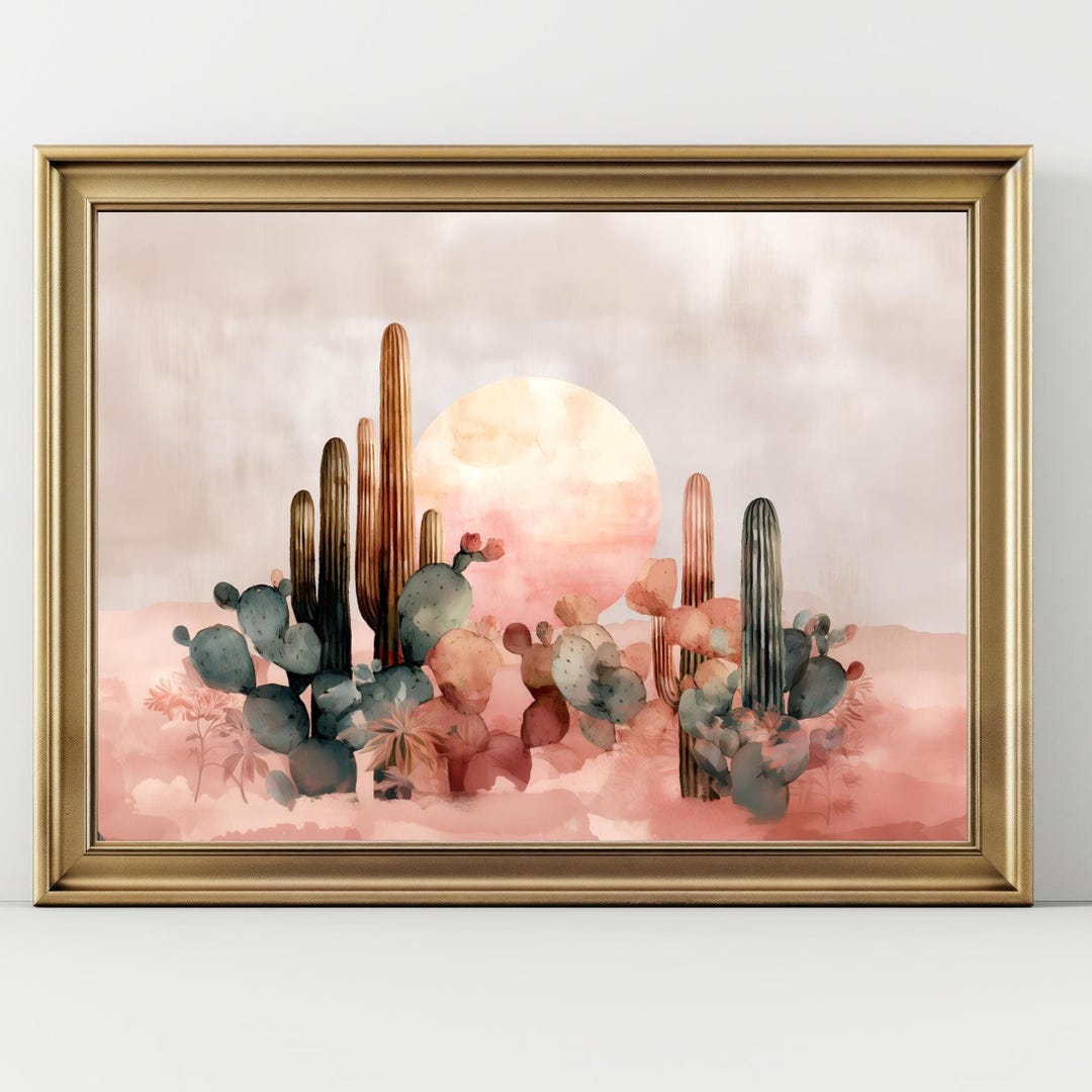 Desert Sunset Cactus Wall Art | Boho Southwest Print | Pink Western ...