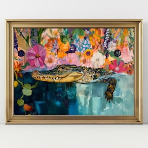 May include: A painting of an alligator swimming in a pool of water with a colorful floral arrangement above it. The alligator is green and yellow with sharp teeth. The flowers are pink, yellow, orange, and purple.