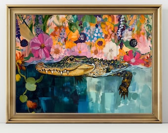Colorful Alligator Art Print, Horizontal Maximalist Decor, Nature Decor, Wildlife Crocodile Wall Art, Floral Animal Artwork Home Decor