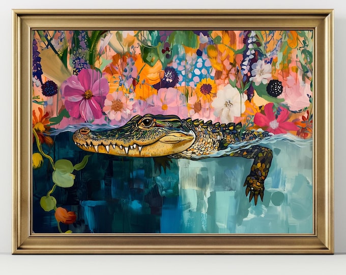 Colorful Alligator Art Print, Horizontal Maximalist Decor, Nature Decor, Wildlife Crocodile Wall Art, Floral Animal Artwork Home Decor