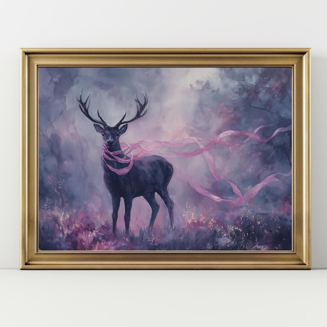Mystical Deer Wall Art - Purple Forest Stag With Ribbons Print, Fantasy ...