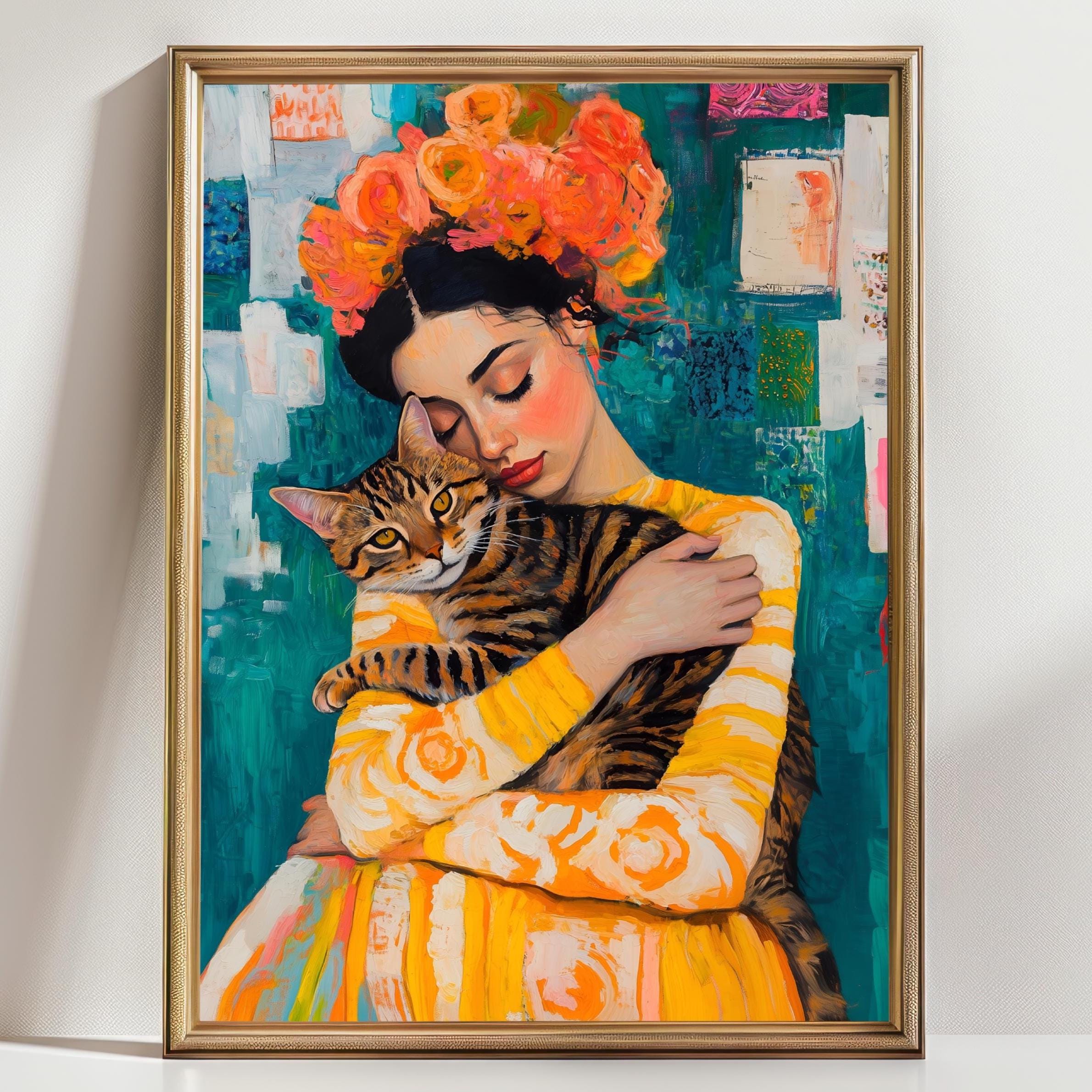 Cat Lover Wall Art, Girl with Cat Art Print – Whimsical Cat Lover Wall Art, Floral Crown Woman Illustration, Cozy Feline Hug Poster