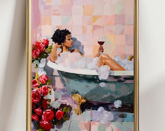 May include: A framed painting depicts a woman relaxing in a claw-foot bathtub filled with bubbles, holding a glass of red wine. Red roses are arranged nearby. The artwork has a gold frame and a soft, colorful palette.