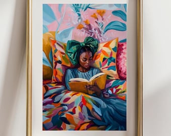 Mujer negra leyendo en una cama con flores, arte afroamericano estilo Henri Matisse, decoración vibrante para el hogar, arte negro, impresión artística de chica negra, arte de pared bohemio