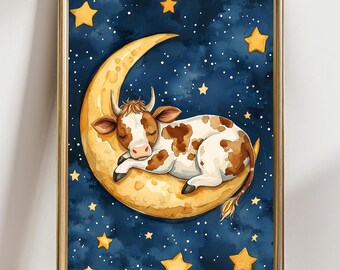 Dreamy Cow Moon Poster, Cute Farm Animal Art, Nursery Decor, Kids Room Wall Art, Bedroom Aesthetic, Gift for Cow Lovers, Starry Night
