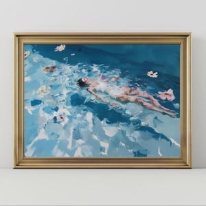 Floating Woman Art Poster Matte Horizontal | Watercolor Pool Scene, Blue Floral Accents