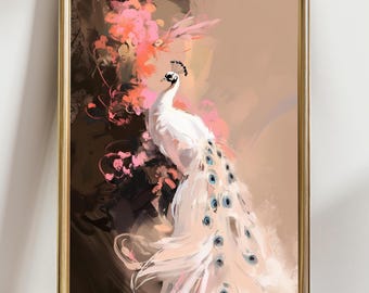 Lámina pintada sobre un pavo real blanco con flores rosas, elegante arte mural de aves, póster botánico moderno en tonos rosados.