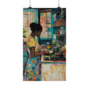 Colorful Kitchen Black Girl Art Print, Vibrant Kitchen Decor, Henri Matisse style, Unique Cooking Painting, Housewarming, Kitchen Wall image 8