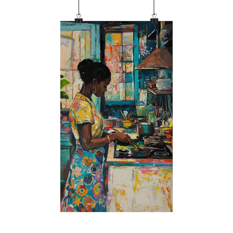 Colorful Kitchen Black Girl Art Print, Vibrant Kitchen Decor, Henri Matisse style, Unique Cooking Painting, Housewarming, Kitchen Wall image 8