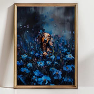 Dachshund Floral Art Print – Moody Blue Wildflower Dog Portrait, Wiener Dog Wall Art for Pet Lovers, Cottagecore or Rustic Decor