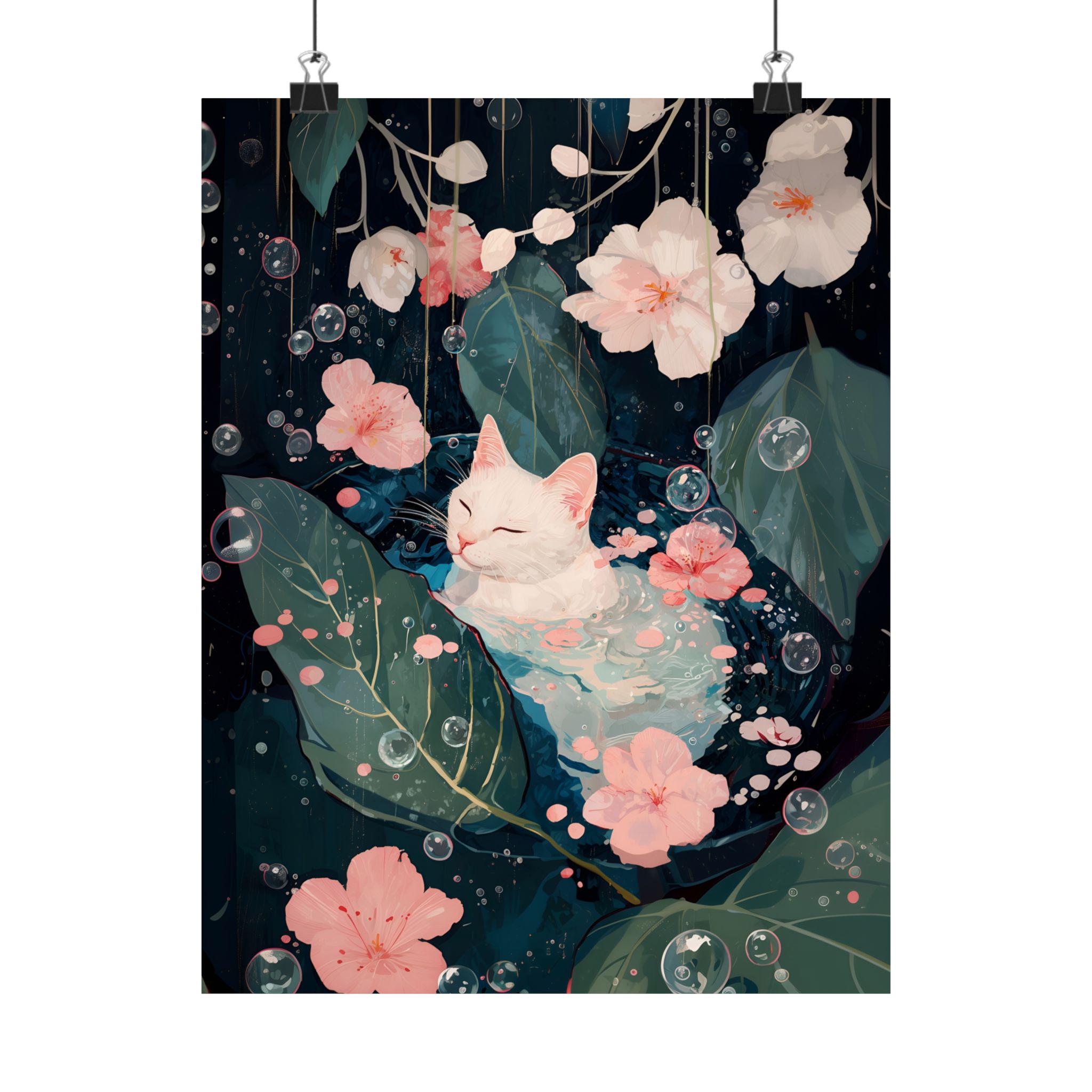 Dreamy White Cat Bath Art Print, Floral Sakura Wall Art, Serene Forest ...