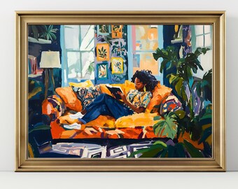 May include: A painting of a person sitting on a colorful couch reading a book. The couch is covered in a bright orange, yellow, and red patterned fabric. The person is wearing a blue shirt and jeans. The background is a colorful room with plants and a window.