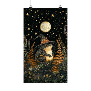 Magical Witch Frog Art Print, Moonlit Forest Nursery Wall Decor, Whimsigoth Botanical Illustration, Woodland Animal Poster image 8