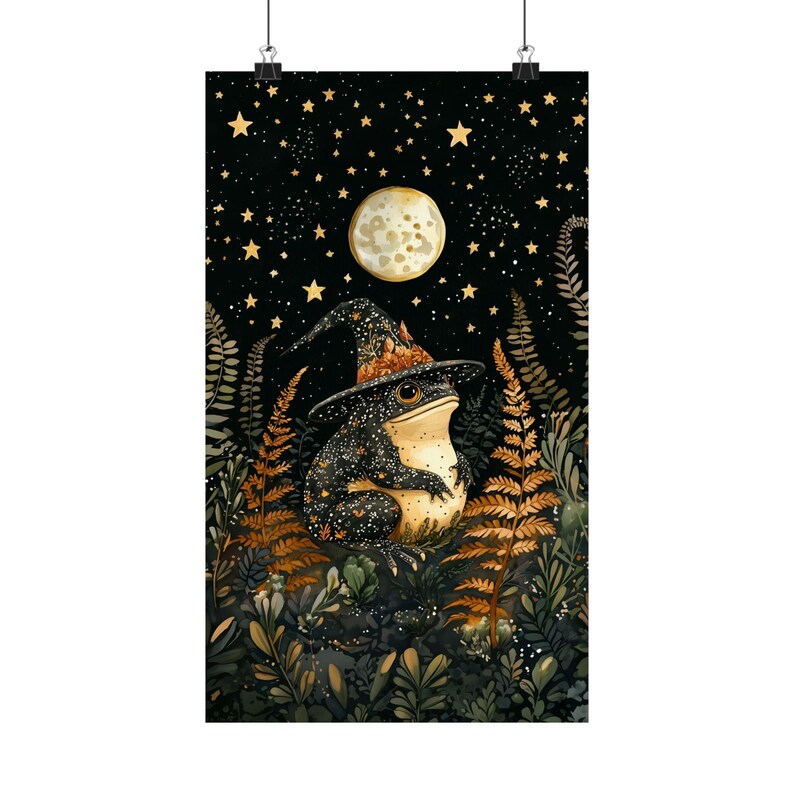 Magical Witch Frog Art Print, Moonlit Forest Nursery Wall Decor, Whimsigoth Botanical Illustration, Woodland Animal Poster image 8