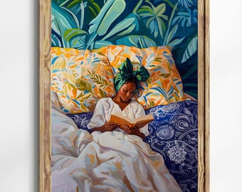 May include: A woman with a green headscarf lies in bed reading a book. The bed is covered in white sheets and has a patterned pillow and a blue and white patterned blanket. The background is a dark blue and green tropical leaf pattern.