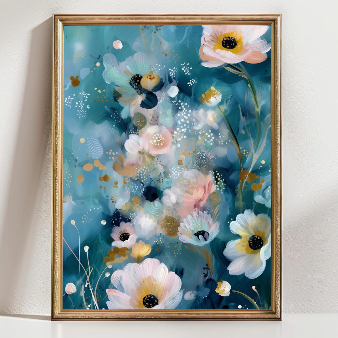 Teal Floral Abstract Wall Art Print | Modern Botanical Artwork ...