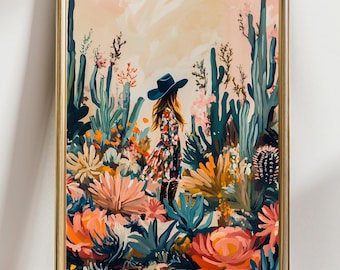 Desert Cowgirl Art Print, Southwestern Woman Wall Art, Cactus Garden Painting, Boho Western Decor, Colorful Floral Desert Landscape