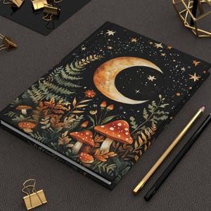 Celestial Moon Mushroom Notebook, Dark Cottagecore Journal, Witchy Forest Aesthetic Planner, Night Sky Stars Journal Gift for Nature Lovers