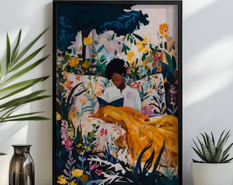 Black Woman Reading in Floral Bed, Henri Matisse style African American Art, Vibrant Home Decor black art Black Girl Art Print boho wall art