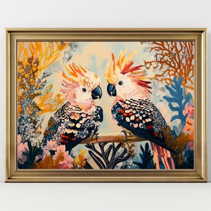 Vibrant Tropical Art Poster, Colorful Cockatoos Wall Art, Henri Matisse style, Bird Lovers Gift, Home & Room Decoration, dopamine decor