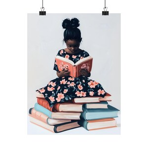 Black Girl Reading Wall Art Print, African American Child Nursery Decor, Floral Book Lover Art, Pink Girls Room Wall Decor afbeelding 5
