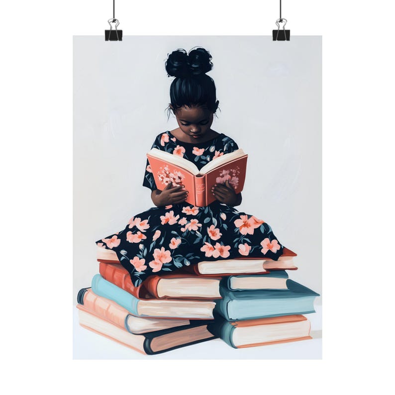 Black Girl Reading Wall Art Print, African American Child Nursery Decor, Floral Book Lover Art, Pink Girls Room Wall Decor afbeelding 5