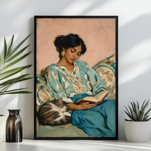 Woman Reading with Cat Wall Art, Vintage Oil Painting Print, Book Lover Bedroom Decor
