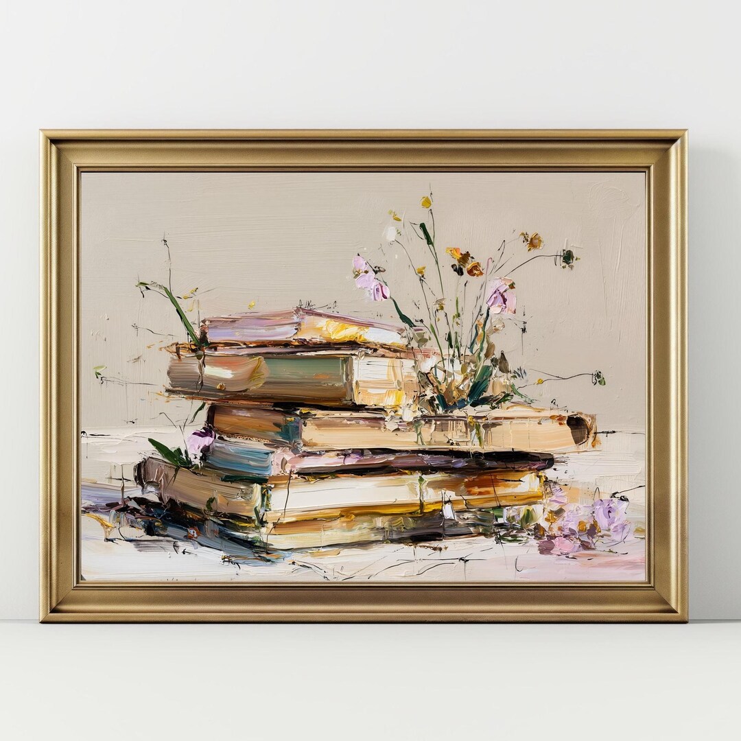 Stacking Still Life Vintage Book Stack Still Life Art Print – Neutral Floral Painting, Cozy ...
