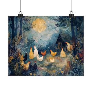 Chickens in Moonlit Forest – Whimsical Night Farm Scene Art Print, country life artwork, rural chicken decor, chickencoop owner image 2