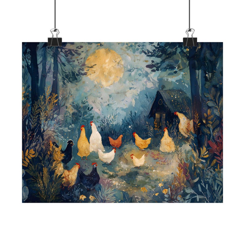 Chickens in Moonlit Forest – Whimsical Night Farm Scene Art Print, country life artwork, rural chicken decor, chickencoop owner image 2