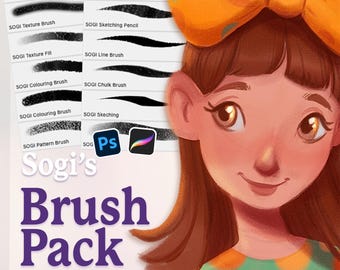 May include: A digital illustration of a girl with brown hair and a yellow bow. The image is a promotional graphic for a set of 12 digital brushes called "Sogi's Brush Pack". The text "Sogi's Brush Pack" is in purple text and the text "12 Digital Brushes" is in black text. The image also includes a set of 12 brush strokes with the name of each brush listed next to it.