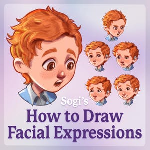 Könnte beinhalten: Illustration eines Cartoon-Jungen mit rotem Haar und verschiedenen Gesichtsausdrücken. Das Bild trägt den Titel "Sogi's How to Draw Facial Expressions". Die Ausdrücke des Jungen reichen von überrascht bis traurig und glücklich.