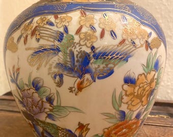 Jarrón chino vintage con detalles dorados: Martín pescador/ave del paraíso, floral, rosa