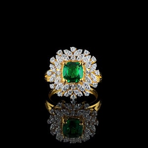 Trending Cushion Cut Emerald Moissanite Diamond Cocktail Ring, 14K Solid Gold Statement Ring